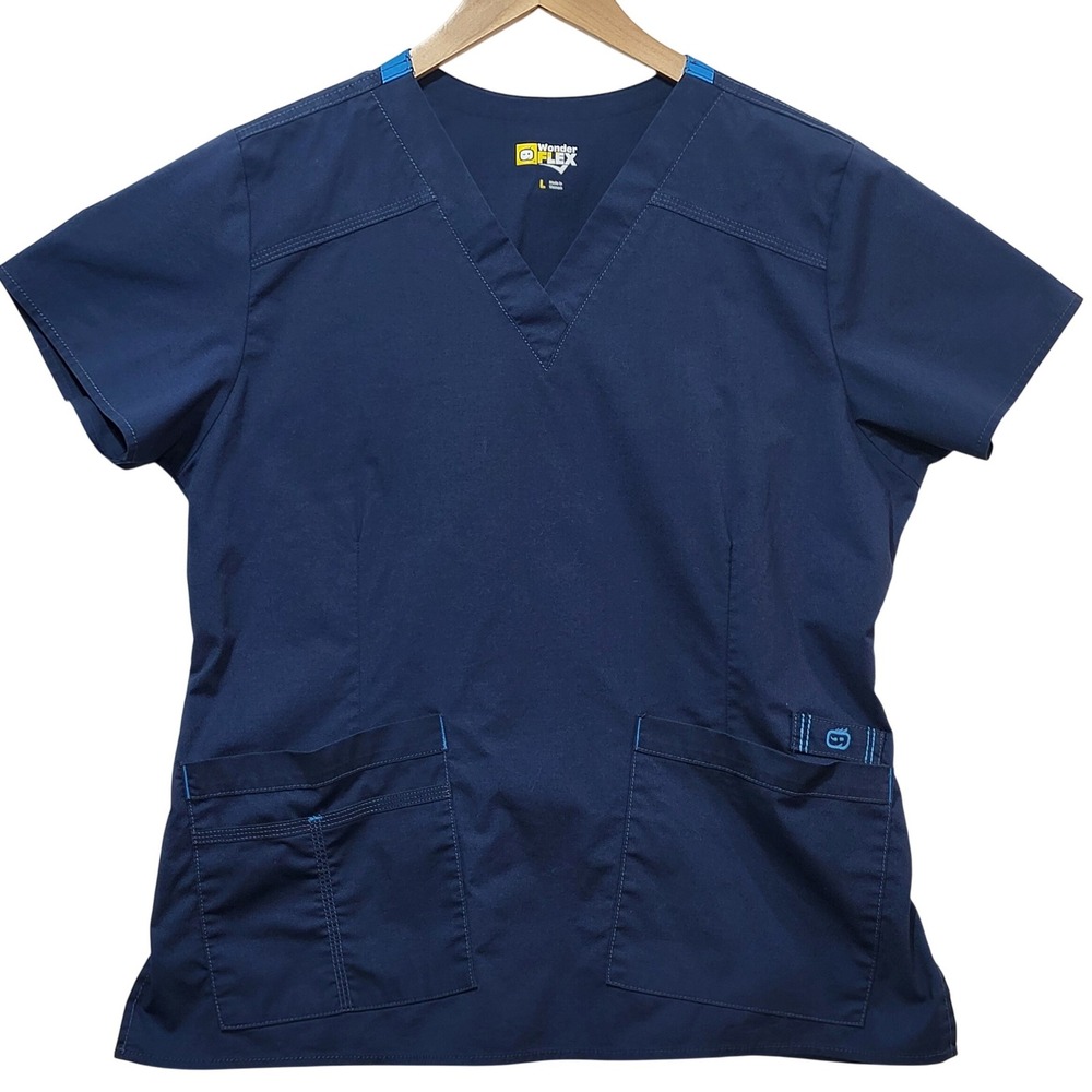 WonderFlex Mens Navy‎ Blue V-Neck Scrub Top Short Sleeve Style 6108 Large